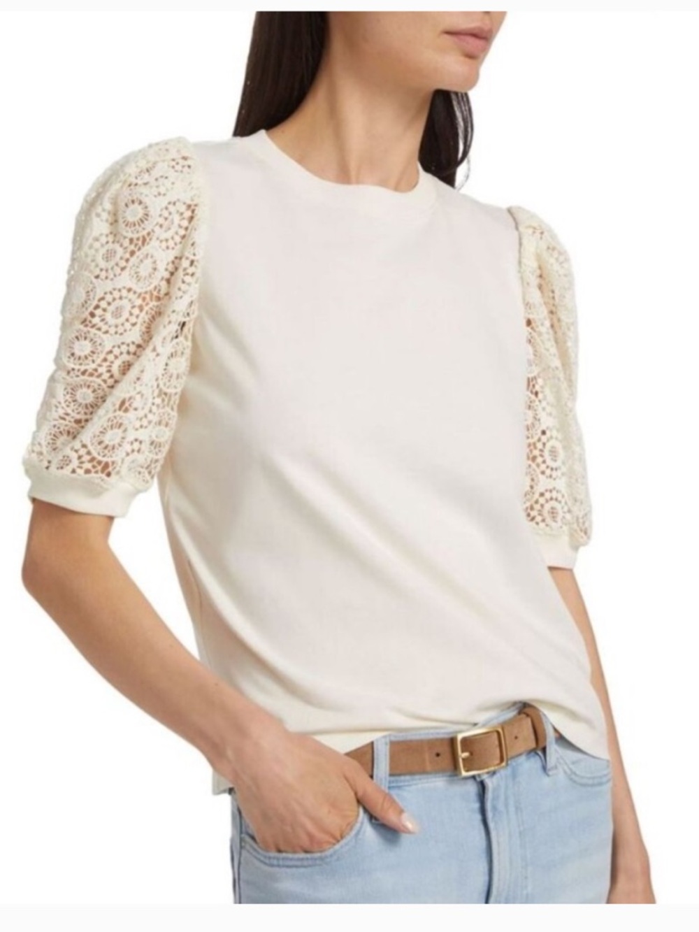 Frame Frankie Lace Puff Sleeve Crewneck Top